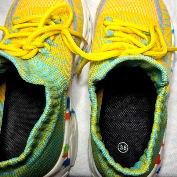 Yellow Teal Speckled Sole Knit Lace Up Slip On Sock Athletic Sneakers Size 38 - Picture 7 of 7